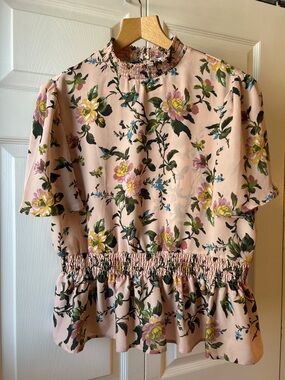 peplum pink floral high neck Short Sleeve Blouse sz large